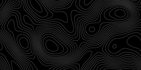 Topographic map background with white contour lines on black vector abstract terrain isoline pattern, abstract black and white topographic contour lines organic flowing curves vector background. © Abu Bokkor Siddique