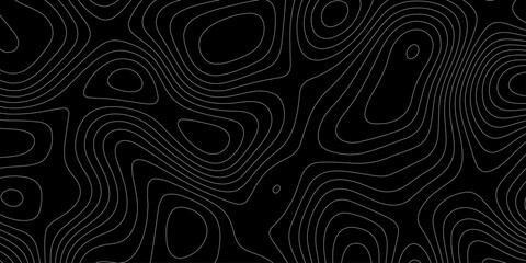 Topographic map background with white contour lines on black vector abstract terrain isoline pattern, abstract black and white topographic contour lines organic flowing curves vector background. © Abu Bokkor Siddique