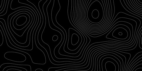Topographic map background with white contour lines on black vector abstract terrain isoline pattern, abstract black and white topographic contour lines organic flowing curves vector background. © Abu Bokkor Siddique