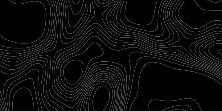 Topographic map background with white contour lines on black vector abstract terrain isoline pattern, abstract black and white topographic contour lines organic flowing curves vector background.