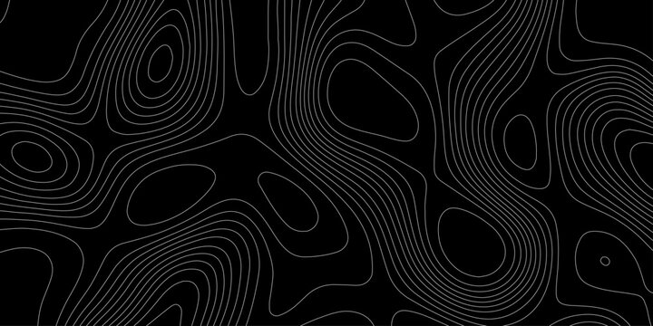 Topographic map background with white contour lines on black vector abstract terrain isoline pattern, abstract black and white topographic contour lines organic flowing curves vector background.