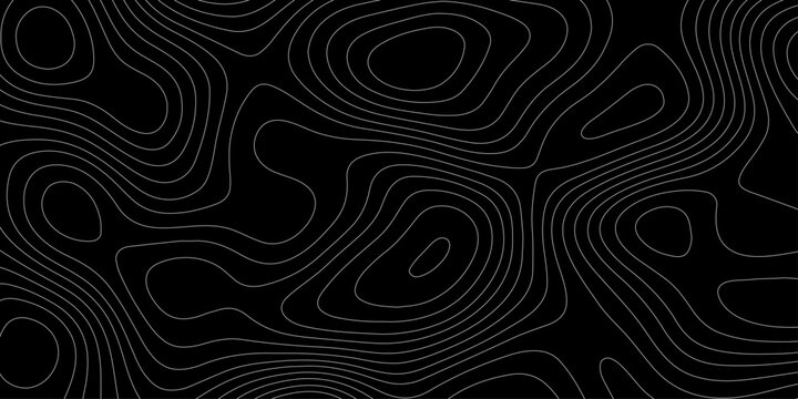 Topographic map background with white contour lines on black vector abstract terrain isoline pattern, abstract black and white topographic contour lines organic flowing curves vector background.
