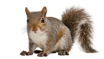 Fluffy grey squirrel with bushy tail, isolated on transparent background © Elena