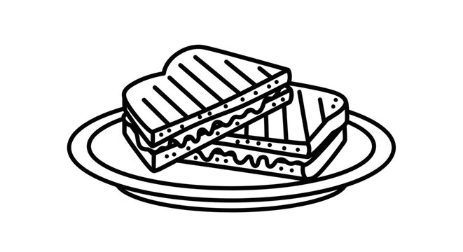 Black and white line art illustration of a grilled cheese sandwich on a plate.
