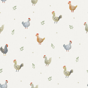 Watercolor seamless pattern with scattered hens, tiny daisies, and green leafy sprigs on a light background, perfect for rustic farmhouse fabric.