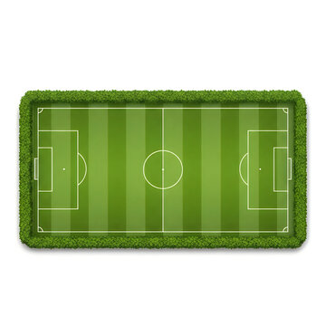 A vibrant green rectangular sports field with clearly marked boundaries and center circle. isolated on white background