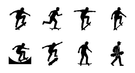 Skateboarder Silhouettes, Extreme Sports Action, Urban Lifestyle Vector Icons © Sazzad