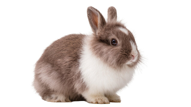 Fluffy brown and white dwarf rabbit sitting, isolated on transparent background
