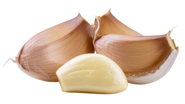 Three garlic cloves one peeled, isolated on transparent background