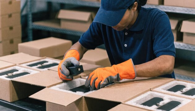 Medium shot of a worker carefully placing electronic devices into singleunit boxes lined with foam inserts ensuring secure shock protection before sealing.