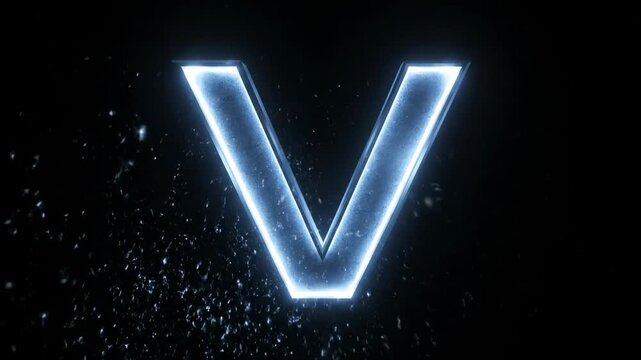A stylized letter V in bright blue, radiating with light against a dark background, and an abstract pattern of particles around it