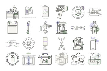 Fototapeta premium EV Battery Recycling Process in Flat Line Style or Battery Recycling Workflow Icons Illustration