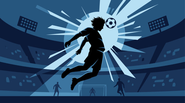 This flat design illustration depicts a soccer player's silhouette powerfully heading the ball in mid-air, conveying dynamic action and impact with a minimalist stadium backdrop.