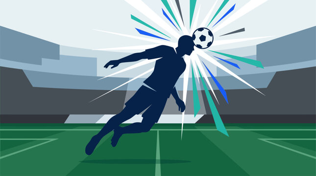 This flat design illustration depicts a soccer player's silhouette powerfully heading the ball in mid-air, conveying dynamic action and impact with a minimalist stadium backdrop.