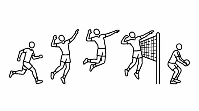 Volleyball Player Action Sequence: Running, Jumping, Spiking, Blocking, Receiving