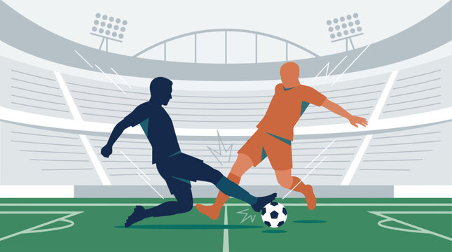 This flat design illustration captures the intense competition between two soccer player silhouettes battling for the ball, highlighting the tension and physical challenge of the game.