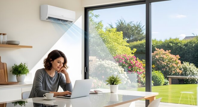 Woman working on laptop in kitchen under air conditioner. Cool climate control at home during hot summer weather. Smart household appliance for comfort, ventilation and energy efficiency.