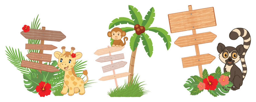 Set of tropical wooden directional signposts Arrow shapes decorated monstera palm leaves hibiscus flowers African animals Baby giraffe lemur monkey Summertime Copy space Travel beach vacation projects