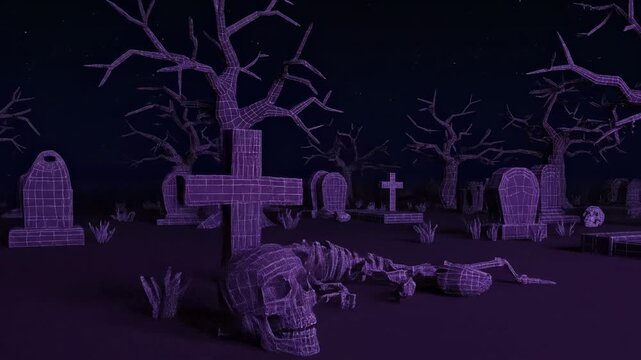 A stylized purple-toned graveyard with polygon trees, tombs and a skull