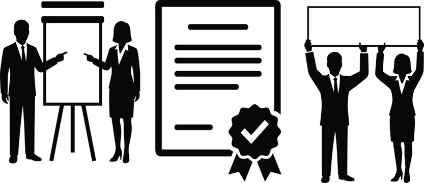 Corporate business seminar training icons set with professional speakers pointing at flip chart whiteboard holding blank banner and certificate vector