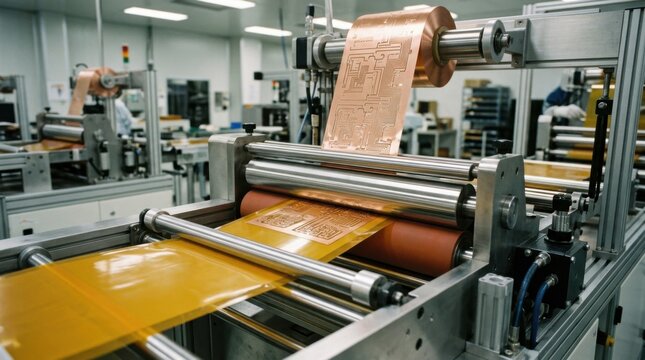 Medium shot of sheetfed flexible circuit lamination process highlighting individual polymer sheets being coated with copper traces for electronics assembly.
