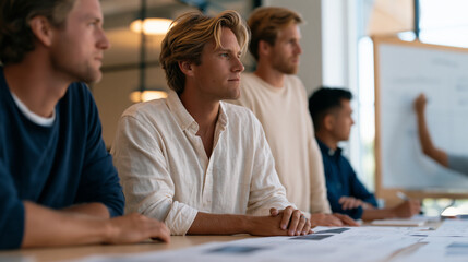 Fototapeta premium Startup team sprawled across mismatched furniture in a raw loft office, whiteboard filled with customer journey maps, team members debating product features with genuine energy, empty coffee cups an