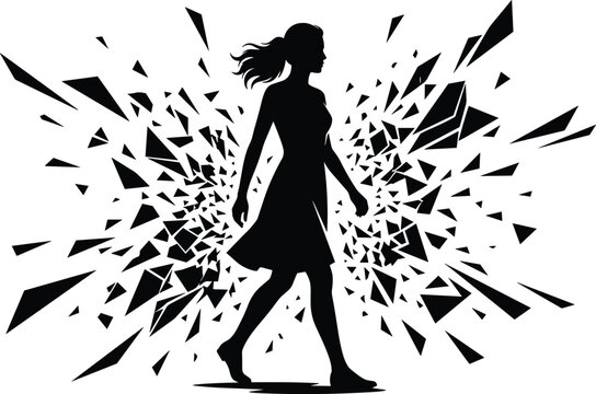 Woman walking forward confidently through a dynamic explosion of sharp shattered geometric glass pieces breakthrough conceptual silhouette black vector illustration