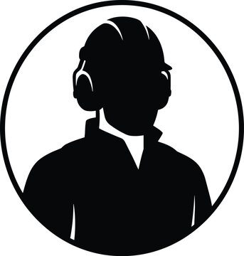 Male industrial worker silhouette avatar icon wearing protective safety hard hat helmet and earmuffs inside a circular frame vector