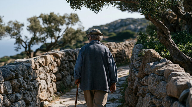 Sardinian shepherd in his eighties walking narrow terraced hillside path at measured steady pace, walking pace aging predictor research concept, harsh midday sun overhead, dry stone walls and olive 