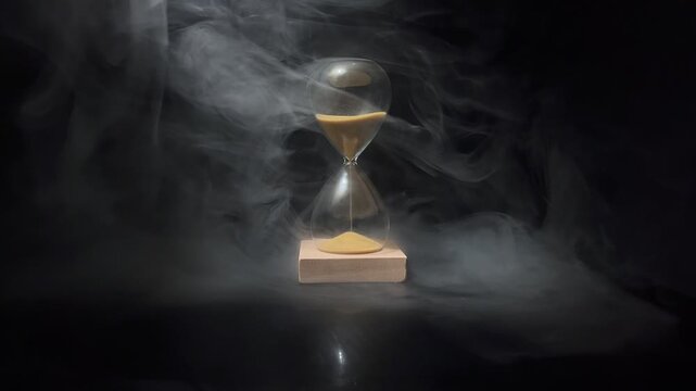 4K slow‑motion video of an hourglass with drifting smoke, highlighting the flow of sand and the concept of time running out, urgency, pressure, deadlines and dramatic cinematic atmosphere.