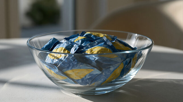 Rows of identical small plastic sachets and single-serve condiment packets collected in a glass bowl on a sterile white surface, prompting discussion on excessive packaging waste, food industry plas