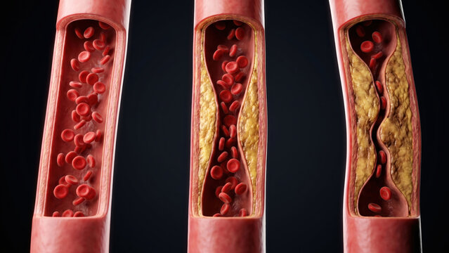 Medical illustration detailing healthy and diseased blood vessels with atherosclerosis progression.