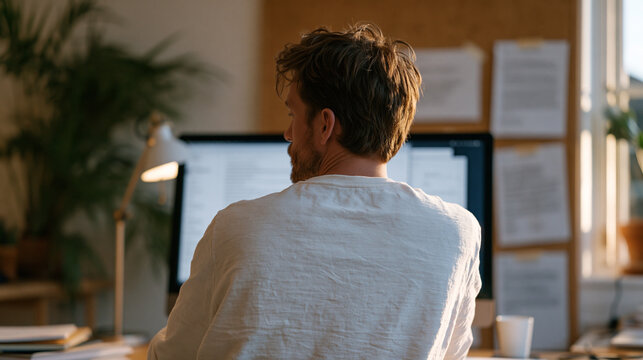 Over the shoulder view of a startup founder conducting a remote video customer discovery interview on a laptop, the interviewee visible on screen, the founder's hand poised over a notebook ready to 