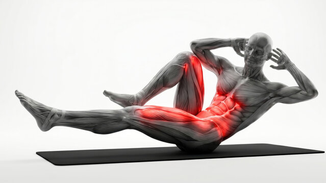 Muscular system illustration of a man doing bicycle crunches, emphasizing active core muscles.