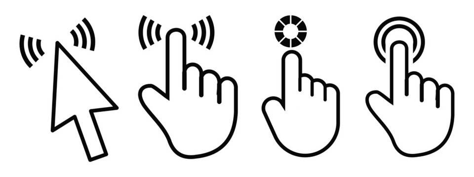 Cursor and Click Icon. Set of cursor icons click and hand cursor icons click isolated. Clicking cursor, pointing hand clicks icons.