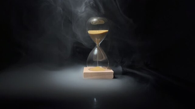 4K slow‑motion video of an hourglass with drifting smoke, highlighting the flow of sand and the concept of time running out, urgency, pressure, deadlines and dramatic cinematic atmosphere.