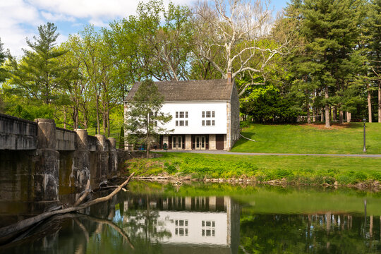 Historic mill structures at Gring's Mill Recreation Area in Reading, Pennsylvania, located along a scenic waterway in Berks County.