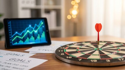 Fototapeta premium Dartboard with a red dart in the bullseye stands on a table beside a tablet showing rising financial charts, linking target achievement, planning, and business growth in a modern workspace.