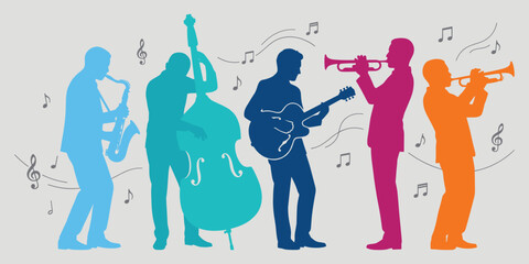 Colorful Jazz Band Musician Silhouettes Performing with Saxophone Double Bass Guitar Trumpet and Violin for Live Concert Design © Joy