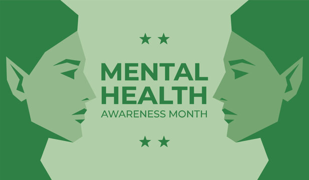 Green Mental Health Awareness Month Banner Design with Human Face Silhouettes and Wellness Support Concept Illustration
