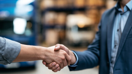 Fototapeta premium Freight logistics manager and corporate businessman handshake, warehouse shelving or truck fleet defocused in background, freight and shipping deal and logistics partnership
