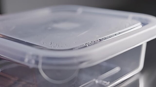 Closeup of a clear plastic food storage container with a white lid.