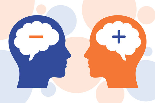 Mental Health Positive and Negative Thinking Concept Illustration with Human Profile Silhouettes and Speech Bubble Symbols for Psychology Awareness
