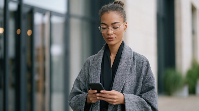 Female founder in professional attire stands outside a gl-fronted corporate office building after a meeting where her idea was dismissed, checking her phone for the customer interview notes that con