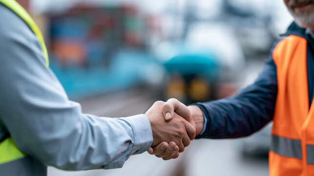 Ship captain and corporate businessman handshake, cargo vessel deck or port terminal defocused in background, maritime freight partnership and shipping contract concept, faceless,