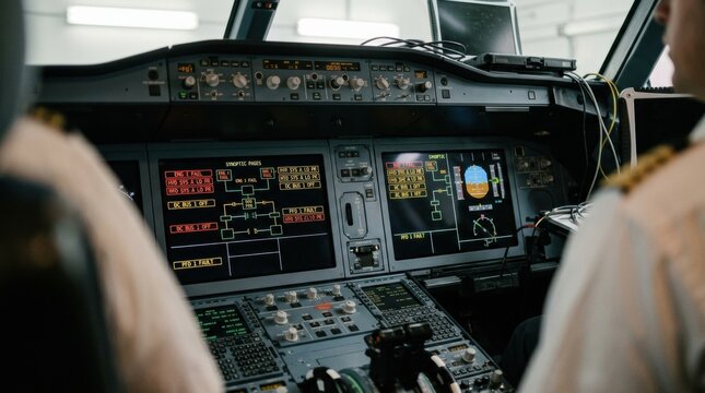 Midrange shot of glass cockpit displays simulating system failure alerts on LCD panels illustrating rigorous avionics troubleshooting and safety testing protocols.
