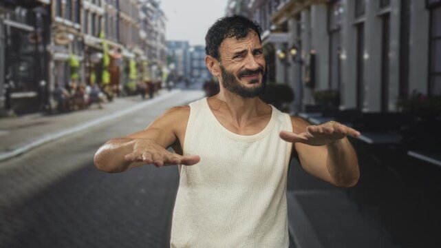 Man with beard extends hands palms down, gesturing hesitantly on a city street in a white tanktop; hesitation.