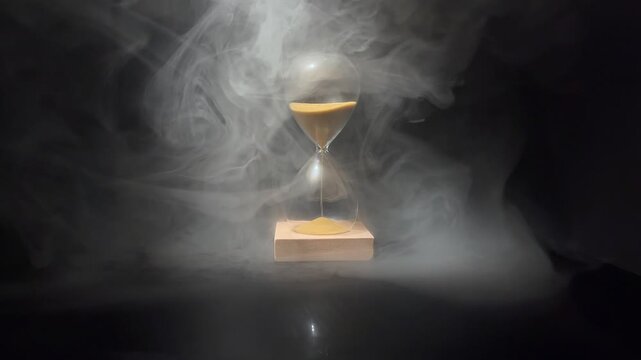 4K slow‑motion video of an hourglass with drifting smoke, highlighting the flow of sand and the concept of time running out, urgency, pressure, deadlines and dramatic cinematic atmosphere.