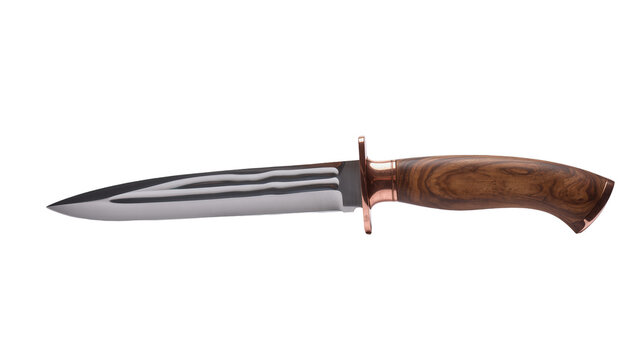 Polished steel hunting knife with curved wooden handle and copper accents, isolated on transparent background