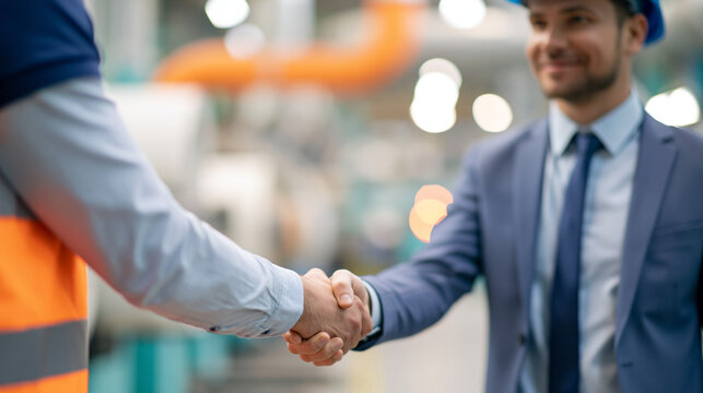 Paper mill worker and corporate businessman handshake, paper production machinery and pulp processing equipment defocused in background, paper manufacturing deal and supply